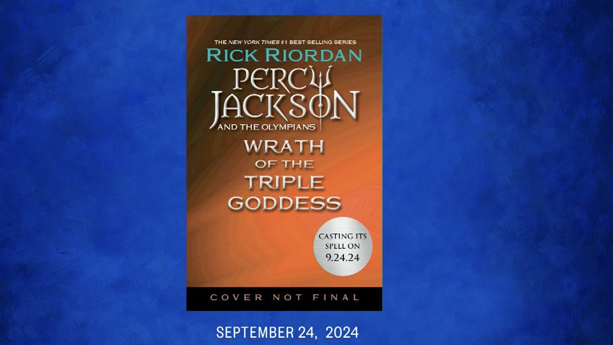 The tentative cover of another new Percy Jackson book, Percy Jackson and the Wrath of the Triple Goddess, on a blue background