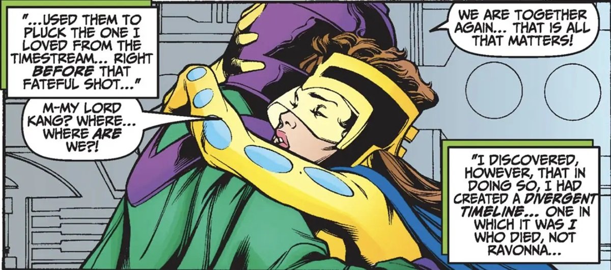 Ravonna Renslayer embraces Kang the Conqueror in the '90s event comic Avengers Forever.