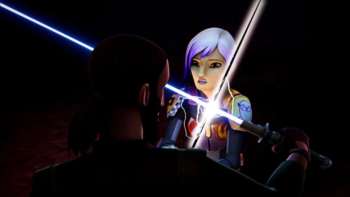 Sabine Wren trains on how to use the Darksaber with Kanan Jarrus in Star Wars Rebels. 