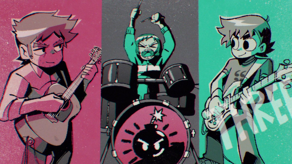 A tri-panel image from the Scott Pilgrim anime featuring Stephen, Kim, and Scott playing as Sex Bob-omb