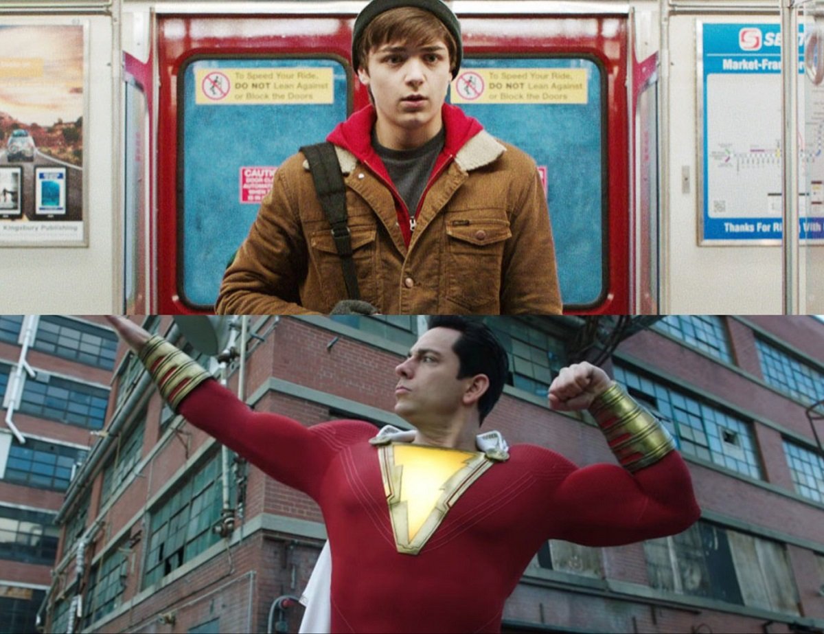 Asher Angel as Billy Batson and Zachary Levi as his heroic alter ego in 2019's Shazam!