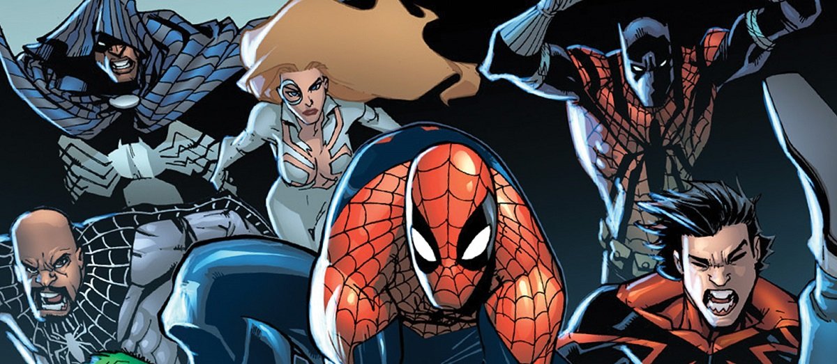 Various New Yorkers along with Peter Parker, who all now have spider powers, in the even comic Spider-Island.
