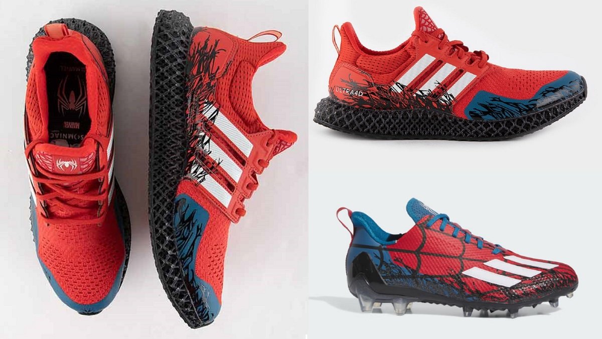 Adidas' new Marvel Spider-Man 2 shoes and cleets on display. 