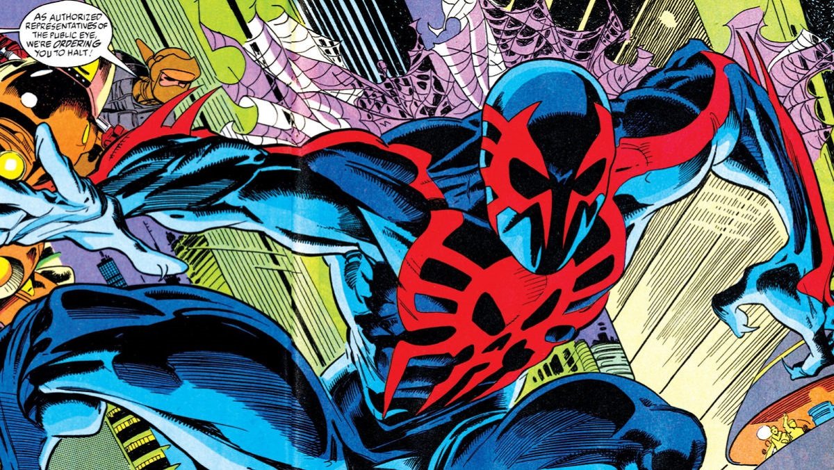 Spider-Man 2099 in his first appearance in 1992, art by Rick Leonardi. 