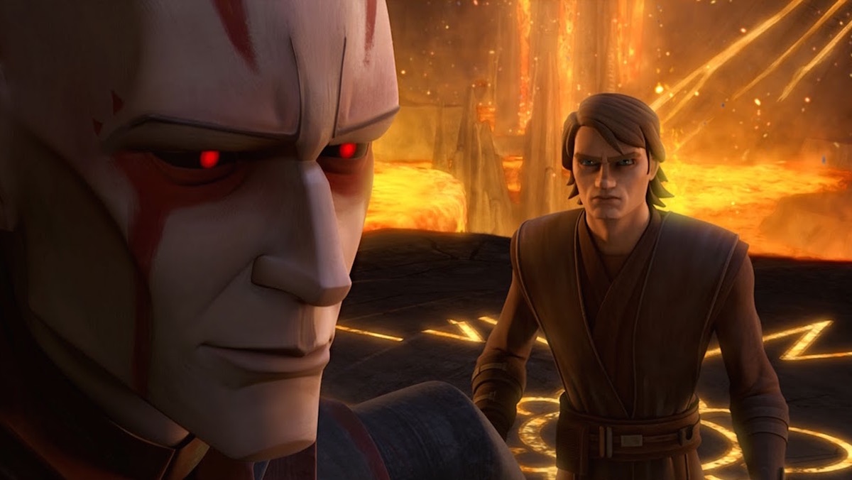 The Son of Mortis stands before  Anakin near lava on The Clone Wars