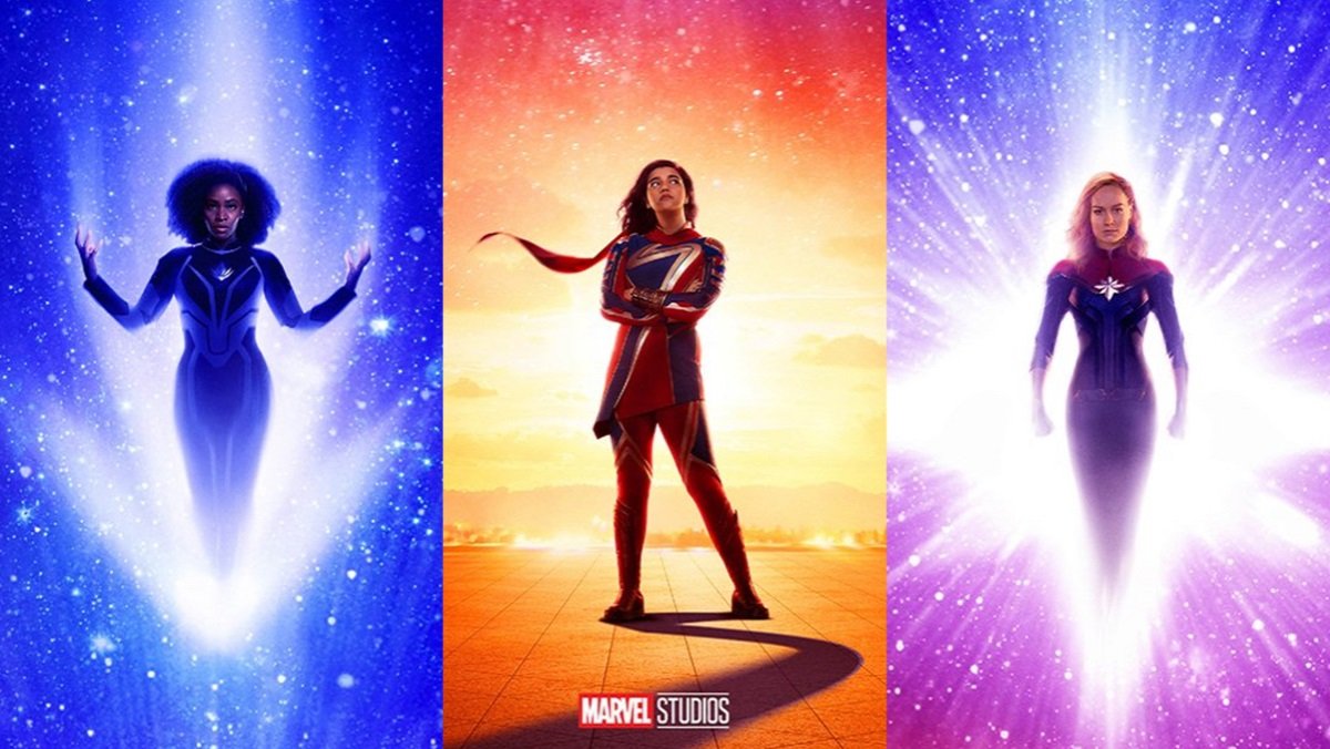 The Marvels teaser posters, showcasing Monica Rambeau, Kamala Khan, and Carol Danvers.
