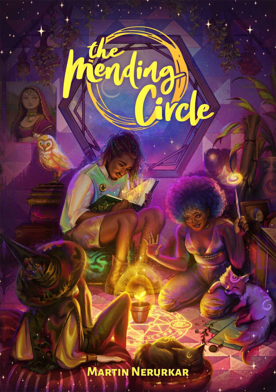 An illustration of three witches sitting around a glowing plant on the cover of The Mending Circle RPG