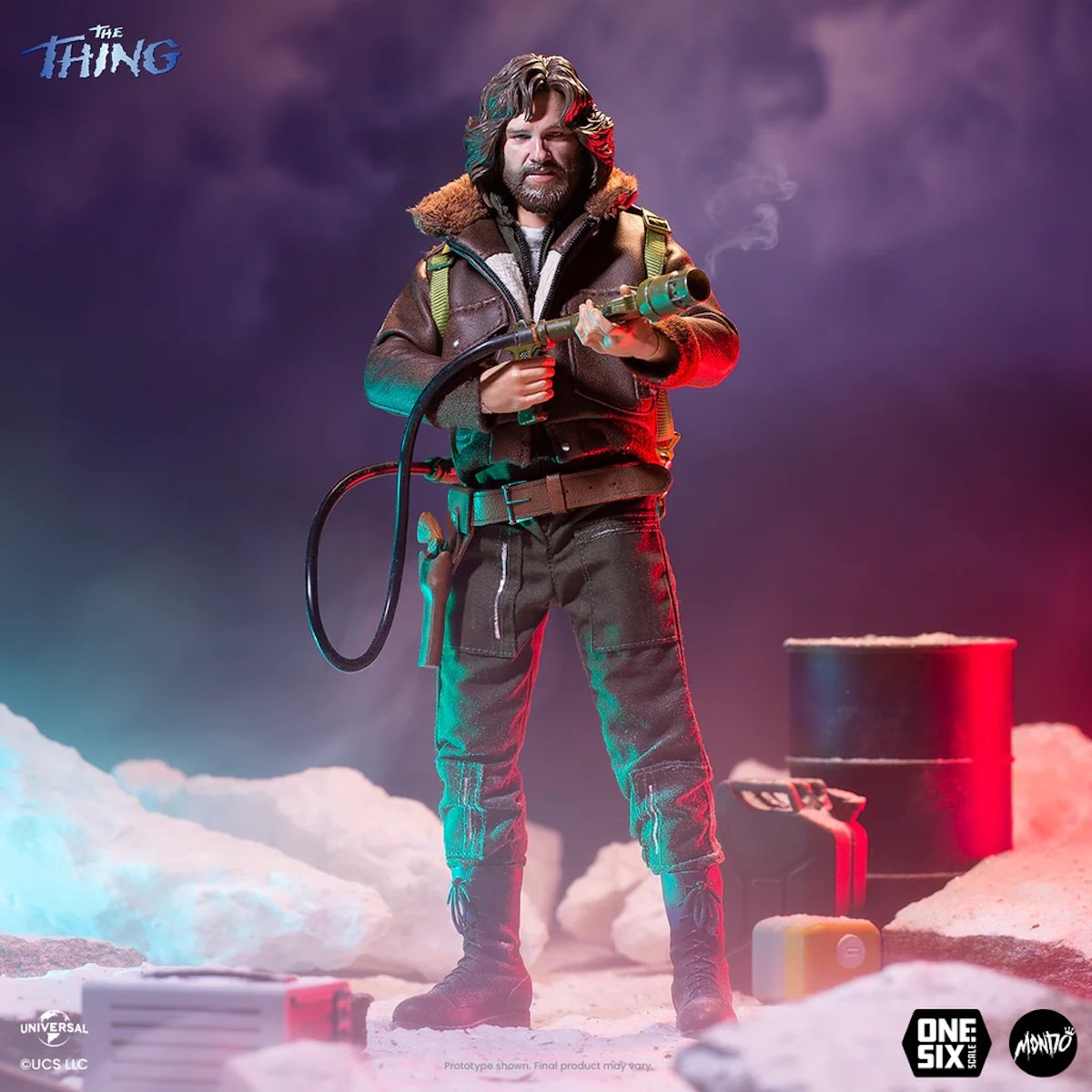 Mondo's figure of The Thing's MAcReady on display holding an unlit flamethrower