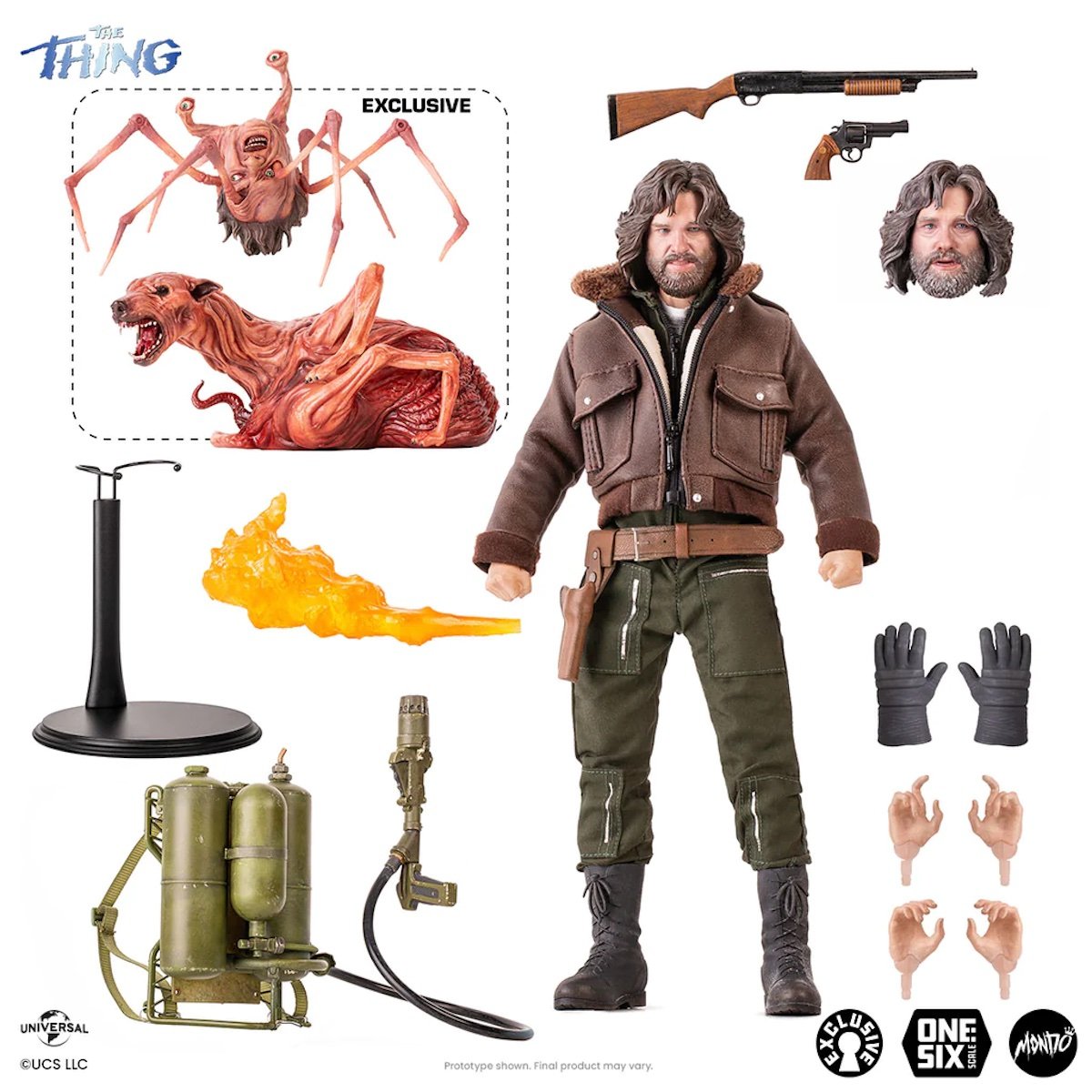 Mondo's figure of The Thing's MAcReady on display with all its accessories