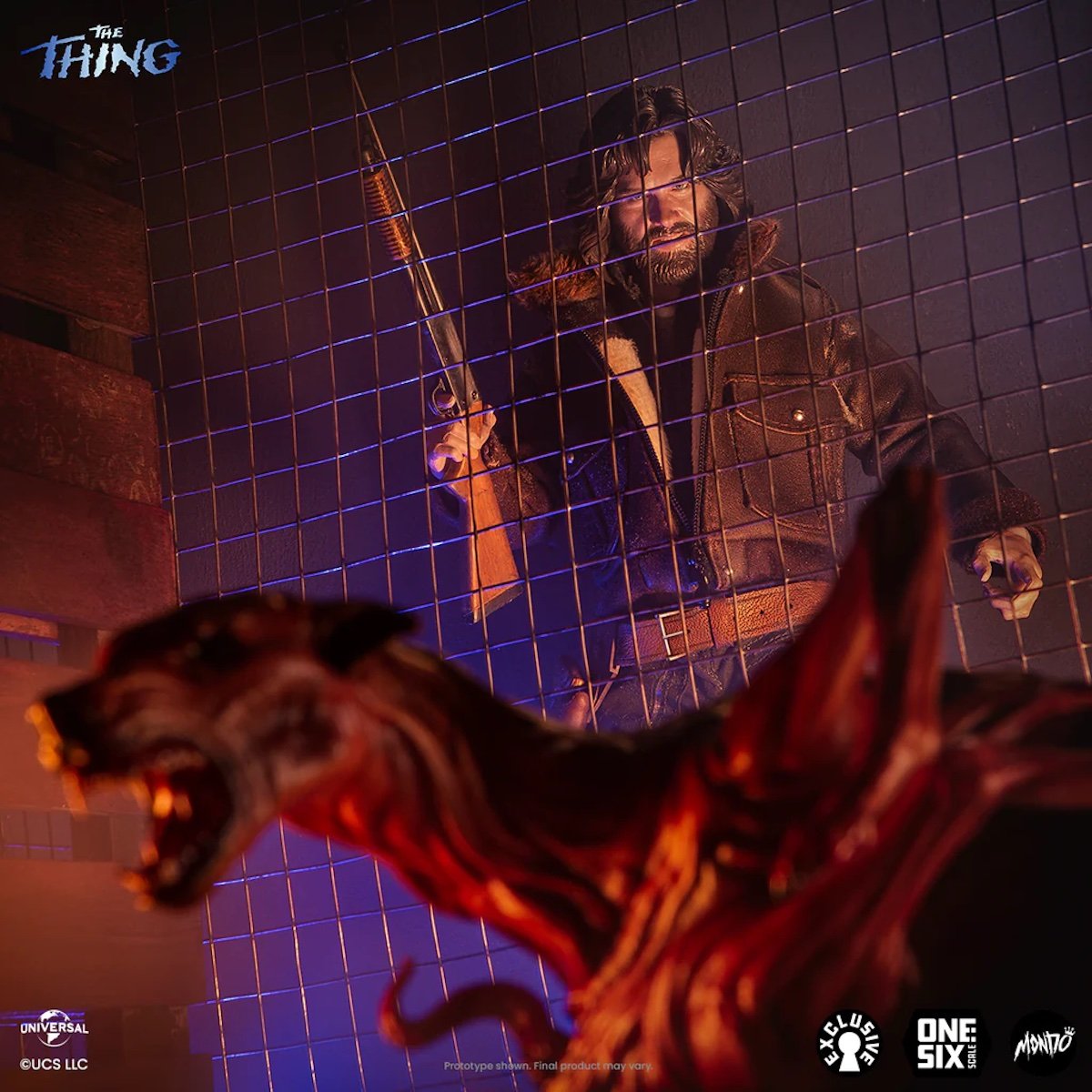Mondo's The Thing MacReady figure holding a gun looking through a fence at a mutant dog