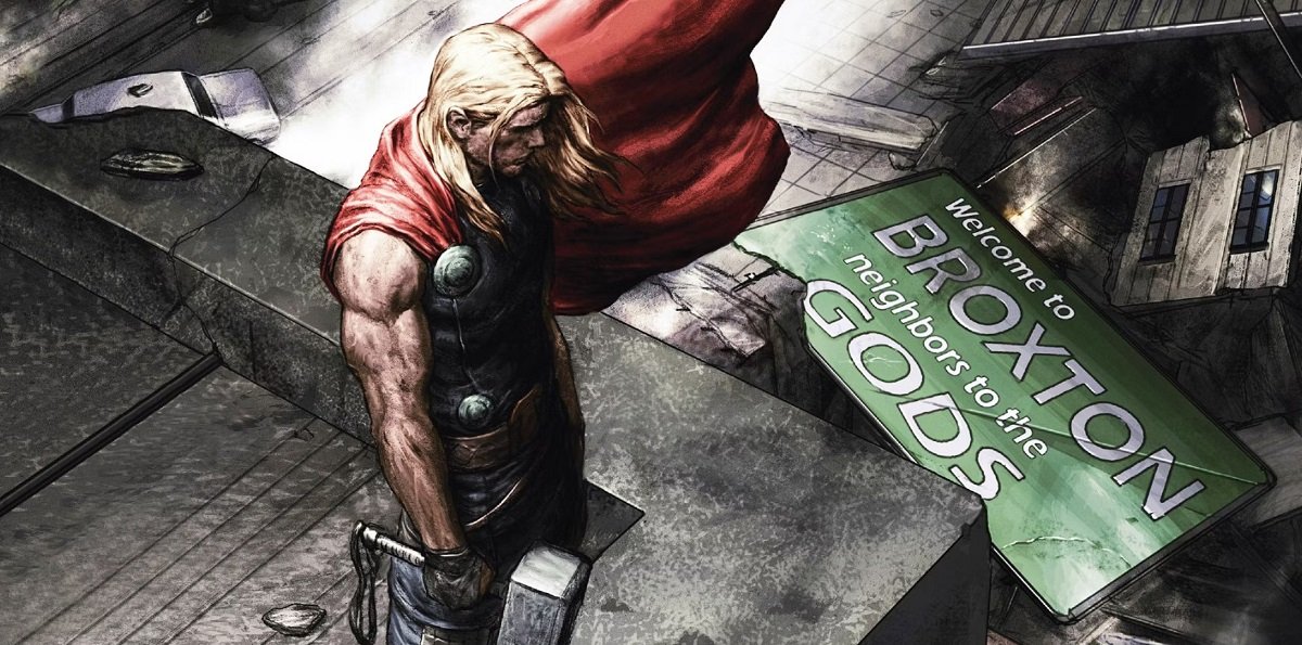 Thor surveys the destroyed town of Broxton, Oklahoma in the pages of Marvel Comics. 