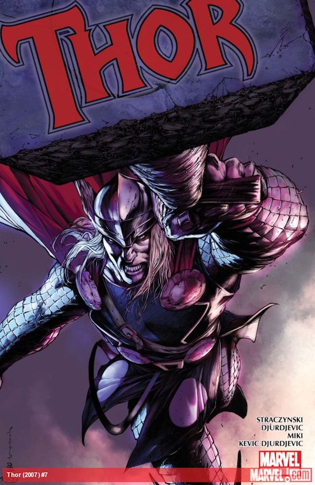 Thos screams while holding Mjolnir on a Marvel Comics cover