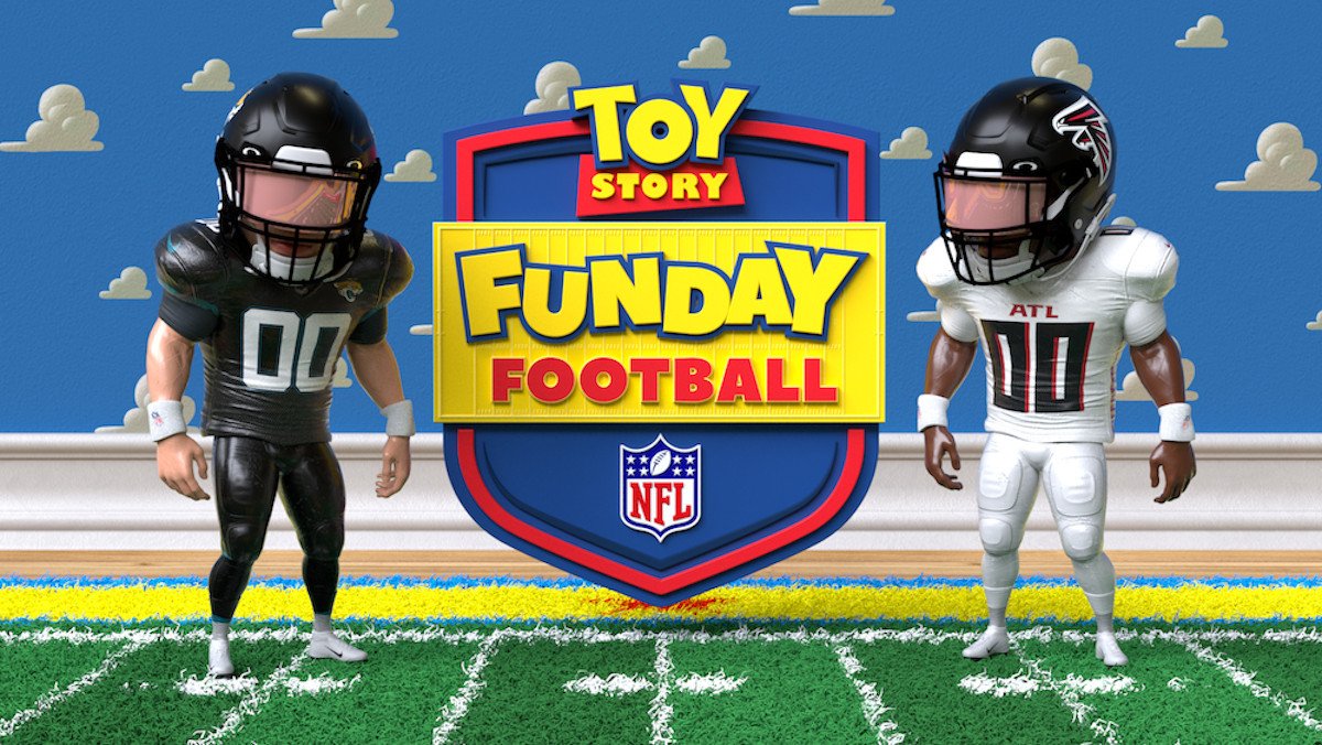 Two football players stand beside a sign that says Toy Story Funday Football in animated form