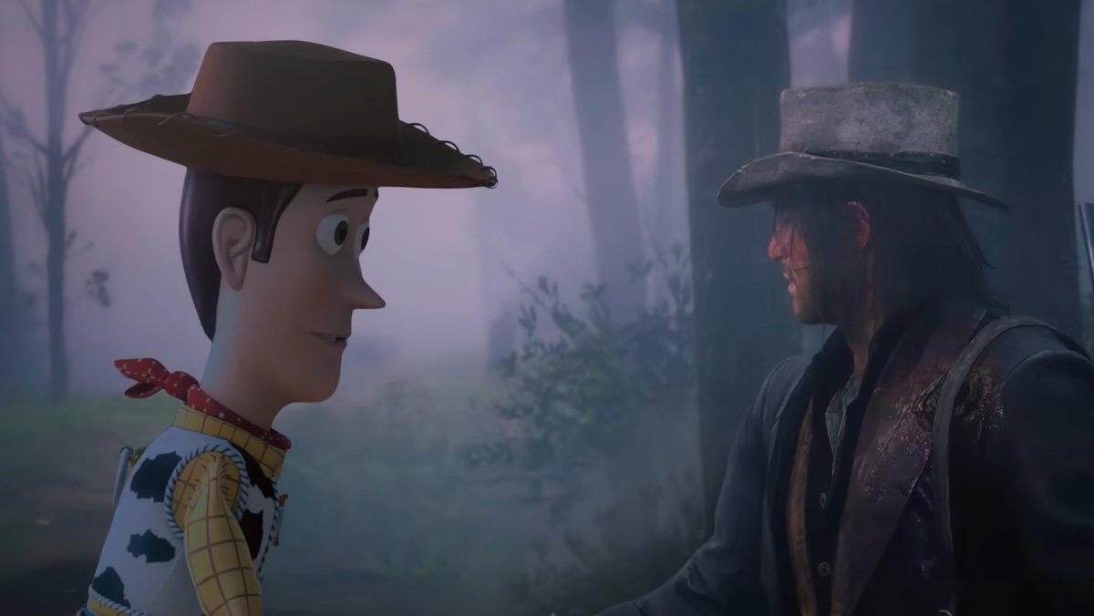 Toy Story's Woody with a character from Red Dead Redemption 2 in the woods