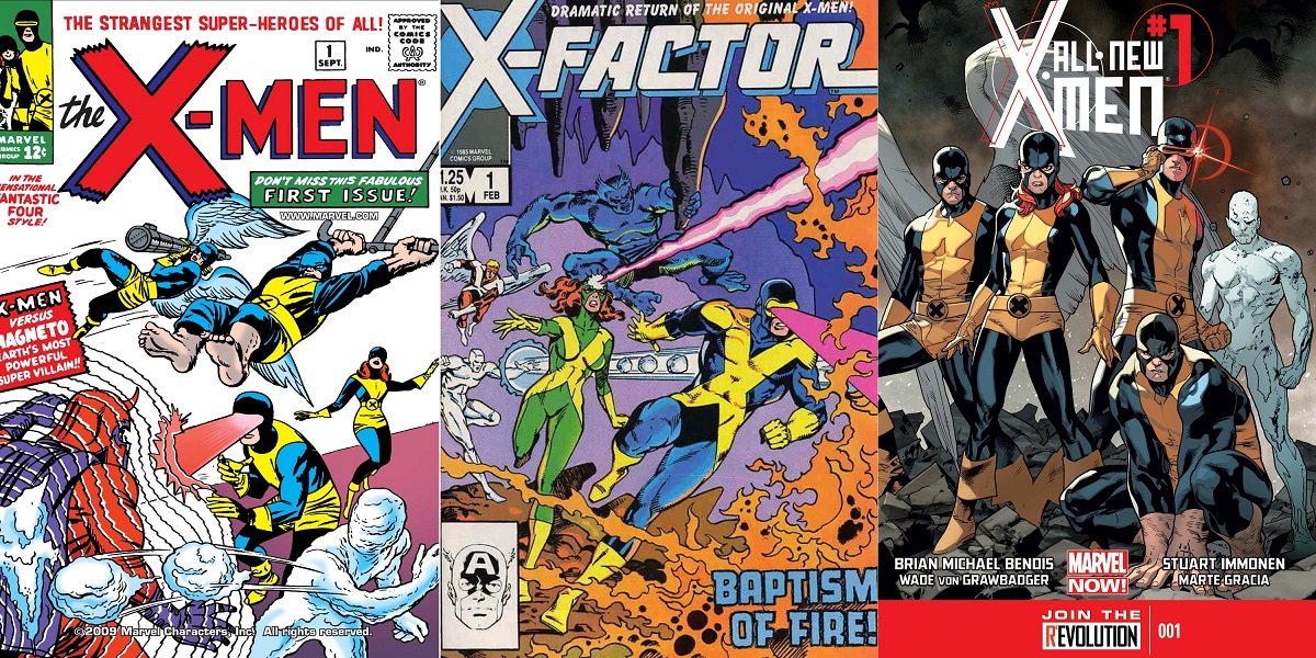 The original X-Men unite in covers for 1963's X-Men #1, again in 1986's X-Factor #1, and once more in 2012's All-New X-Men #1. 