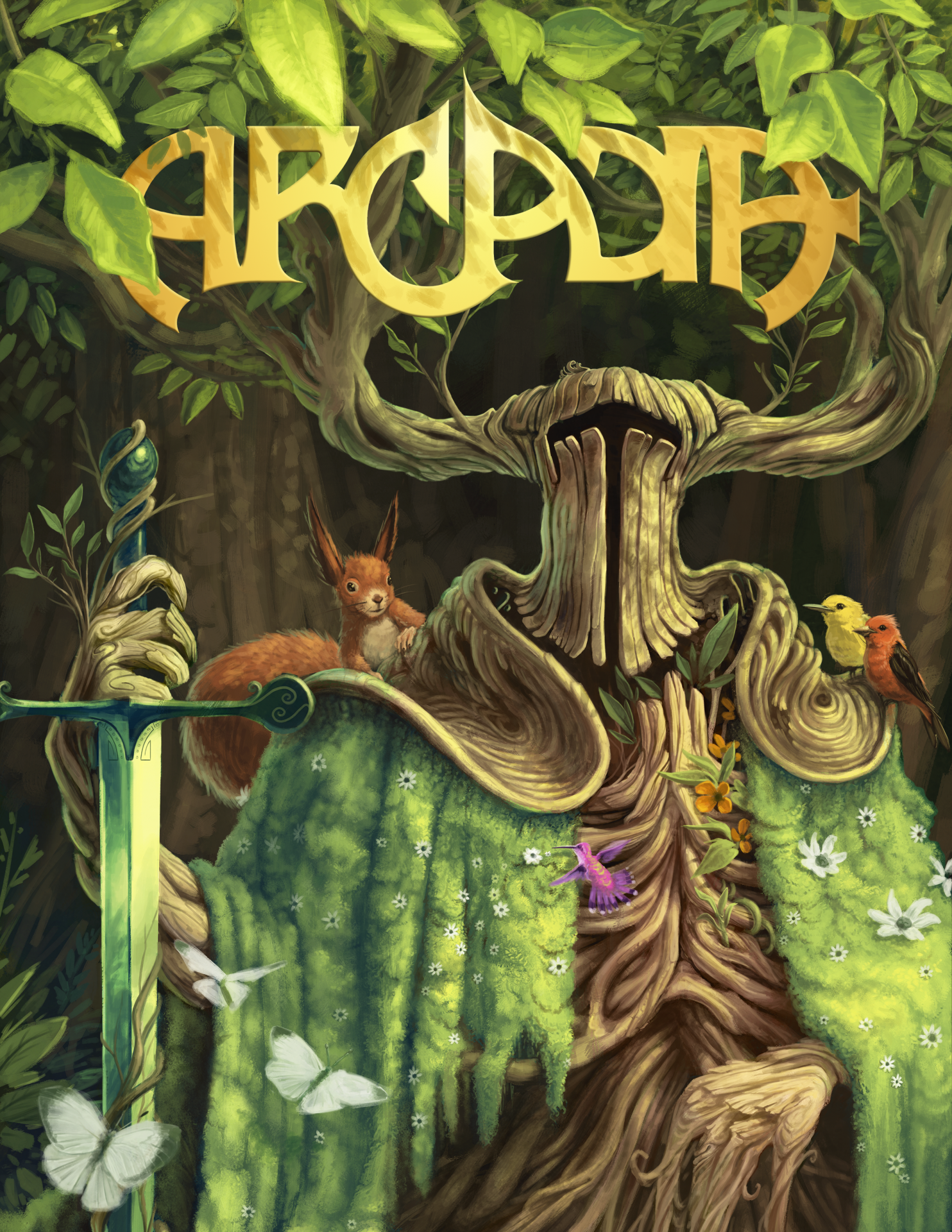 The cover of Arcadia magazine for the tabletop gaming gift guide, featuring woodland creatures on a forest knight