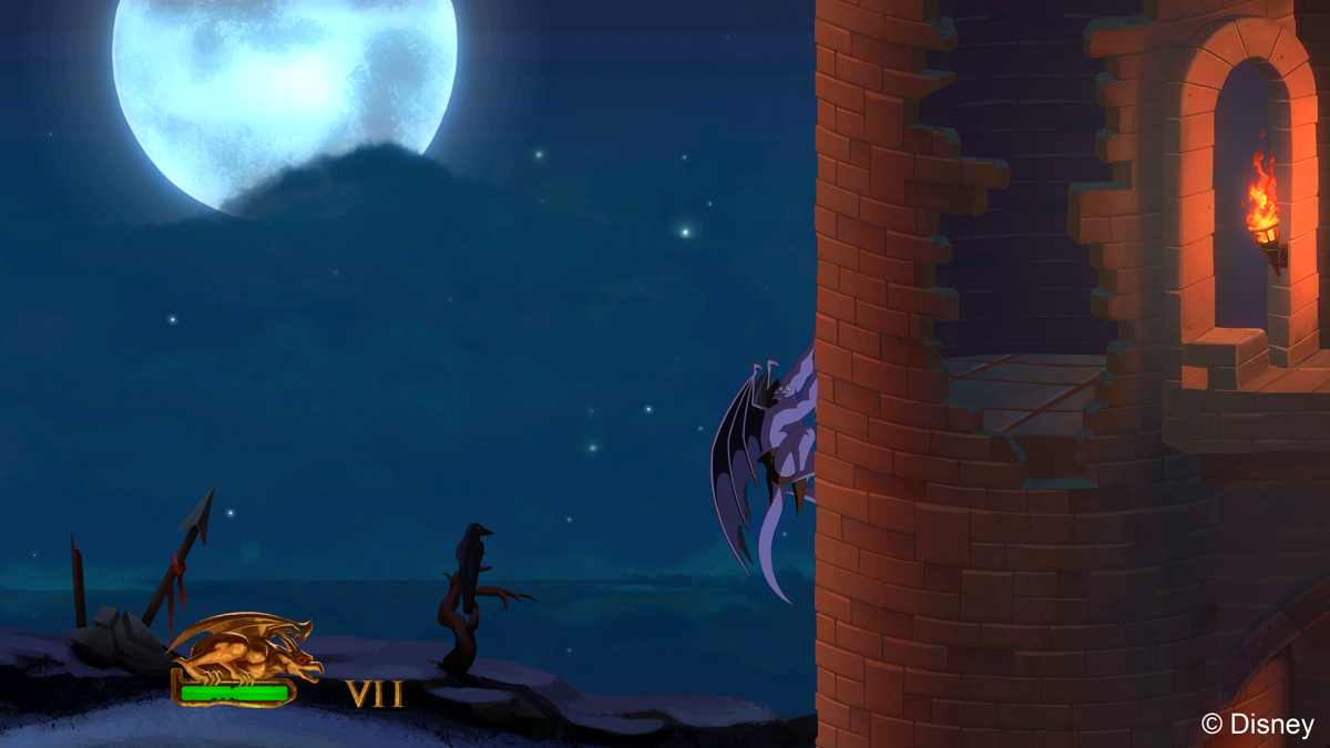 Goliath climbs the wall of a castle in the first level of Gargoyles Remastered.