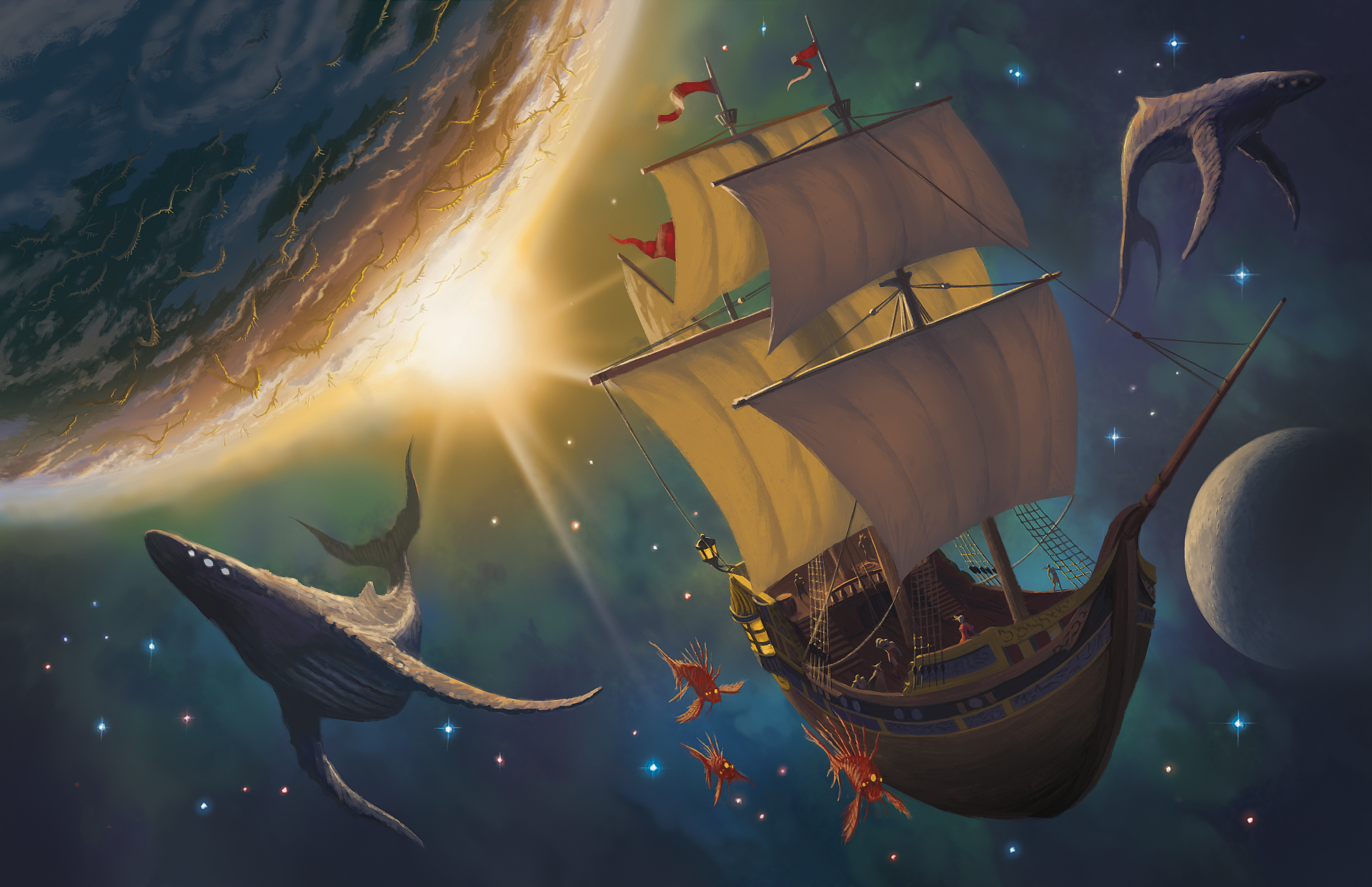 A pirate ship in space surrounded by whales from the new Dungeons & Dragons campaign Spelljammer: Adventure in Space